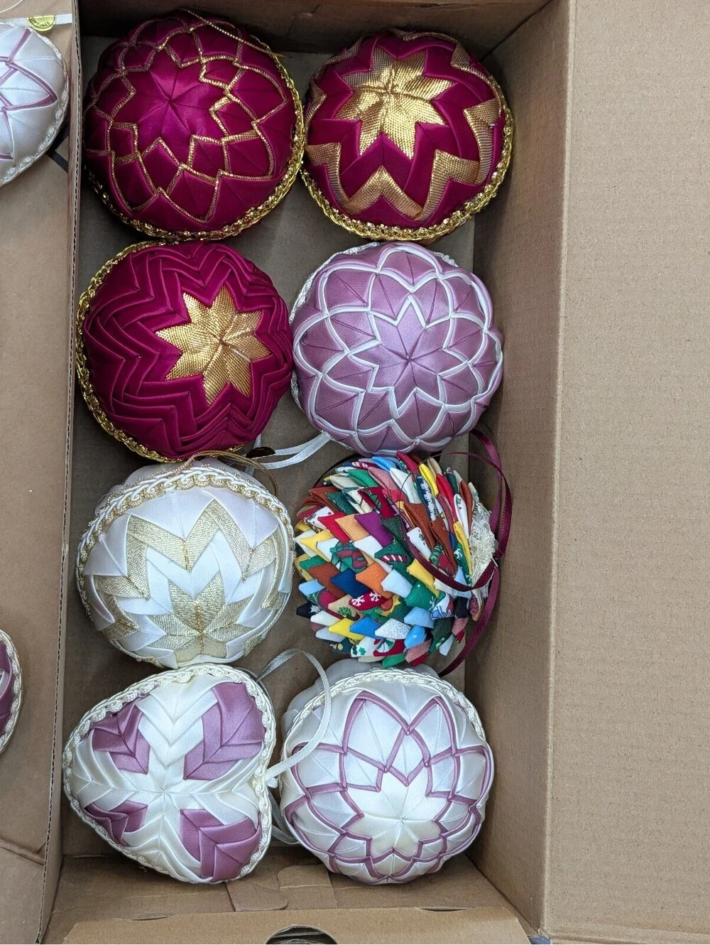 Vintage Quilted Satin Ribbon Christmas Ornaments Lot 10 Satin Folded Star Heart